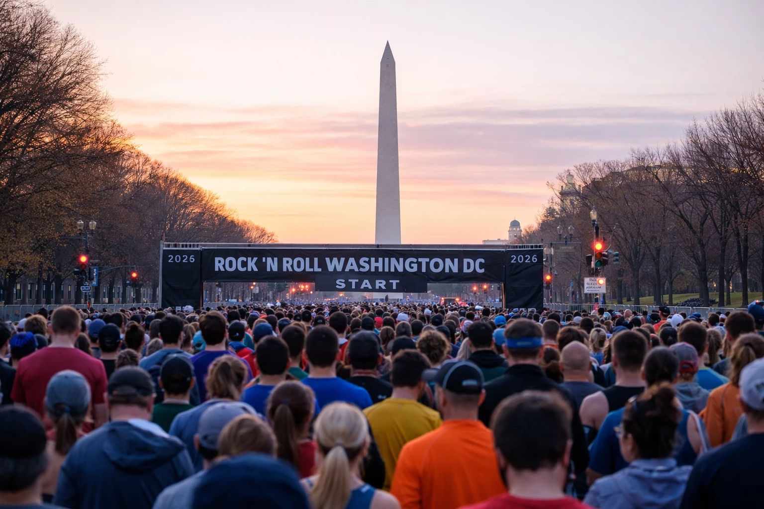 Runners at the Rock ’n’ Roll Washington DC 2026 half marathon start line on Constitution Avenue near the Washington Monument