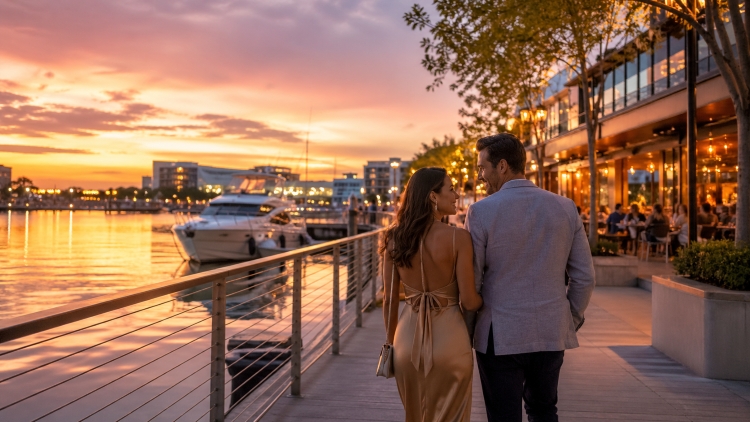 Couple walking along The Wharf at sunset during a romantic Washington DC getaway