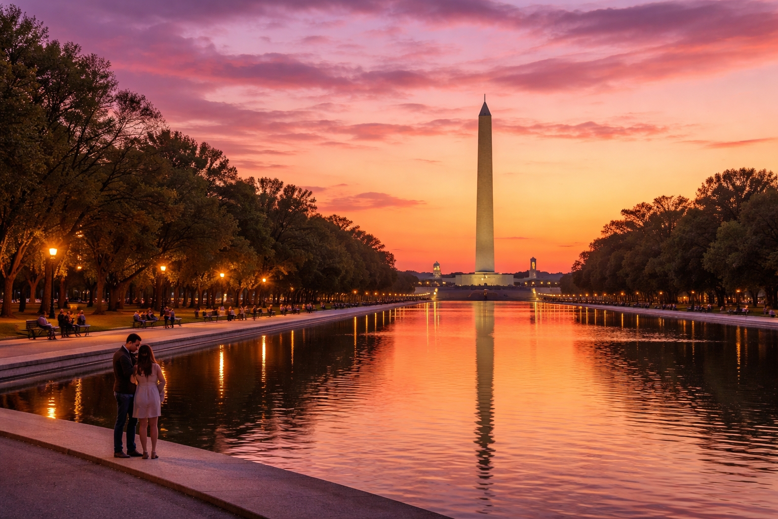 Romantic travel in Washington DC with a scenic sunset view of the National Mall and softly lit monuments, ideal for couples planning a romantic getaway.