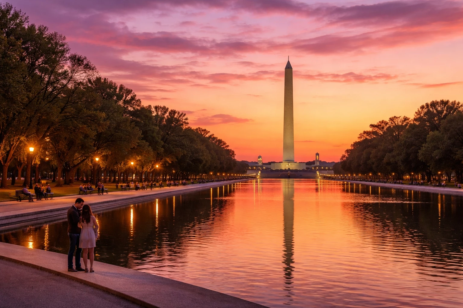 Romantic travel in Washington DC with a scenic sunset view of the National Mall and softly lit monuments, ideal for couples planning a romantic getaway.