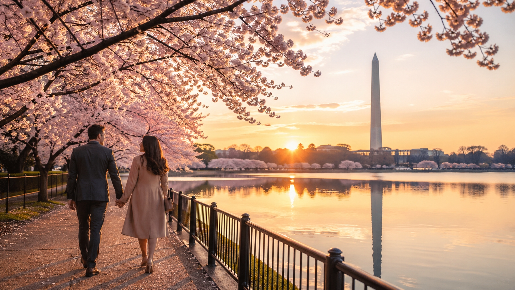 Couple walking beneath cherry blossoms near the Tidal Basin during a romantic trip for couples in Washington DC