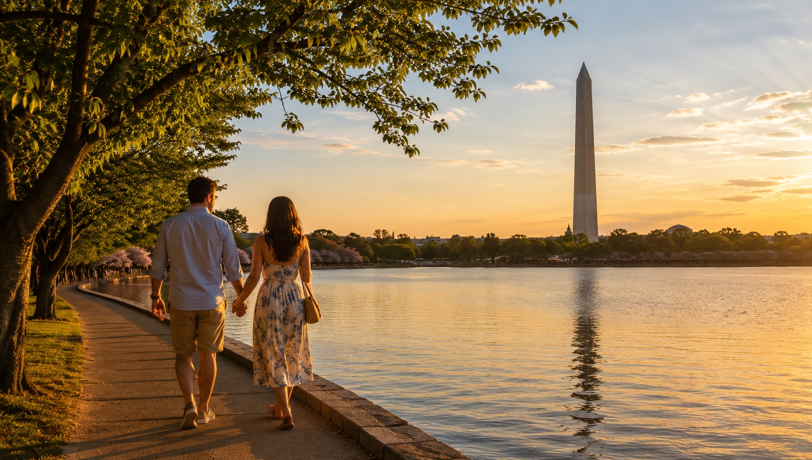 Couple walking beside the Tidal Basin during a romantic Washington DC trip in July 2026, with the Washington Monument in the distance