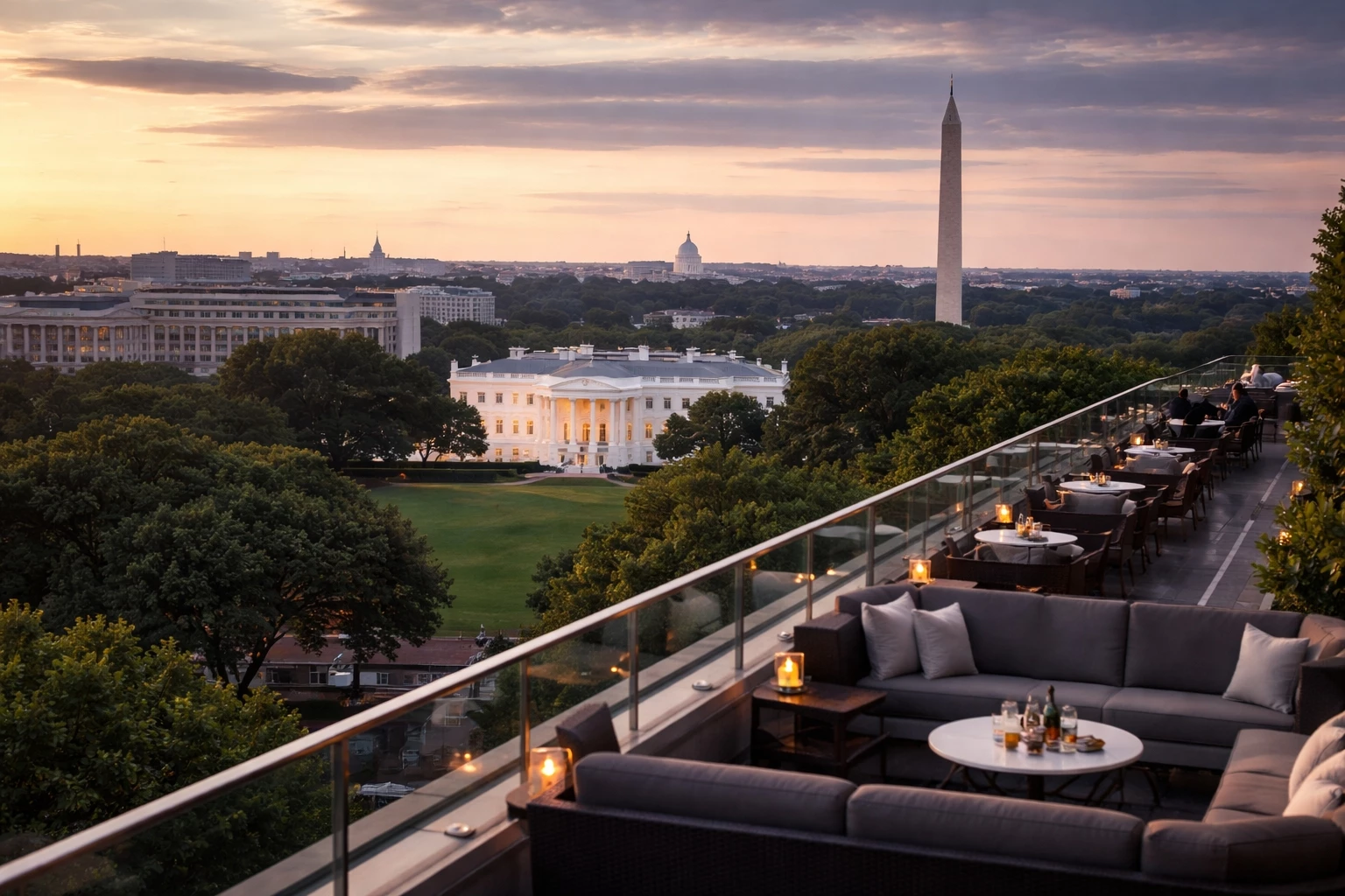 Rooftop view in Washington DC overlooking the White House Lawn and surrounding landmarks, showcasing one of the best rooftop bar views in the city