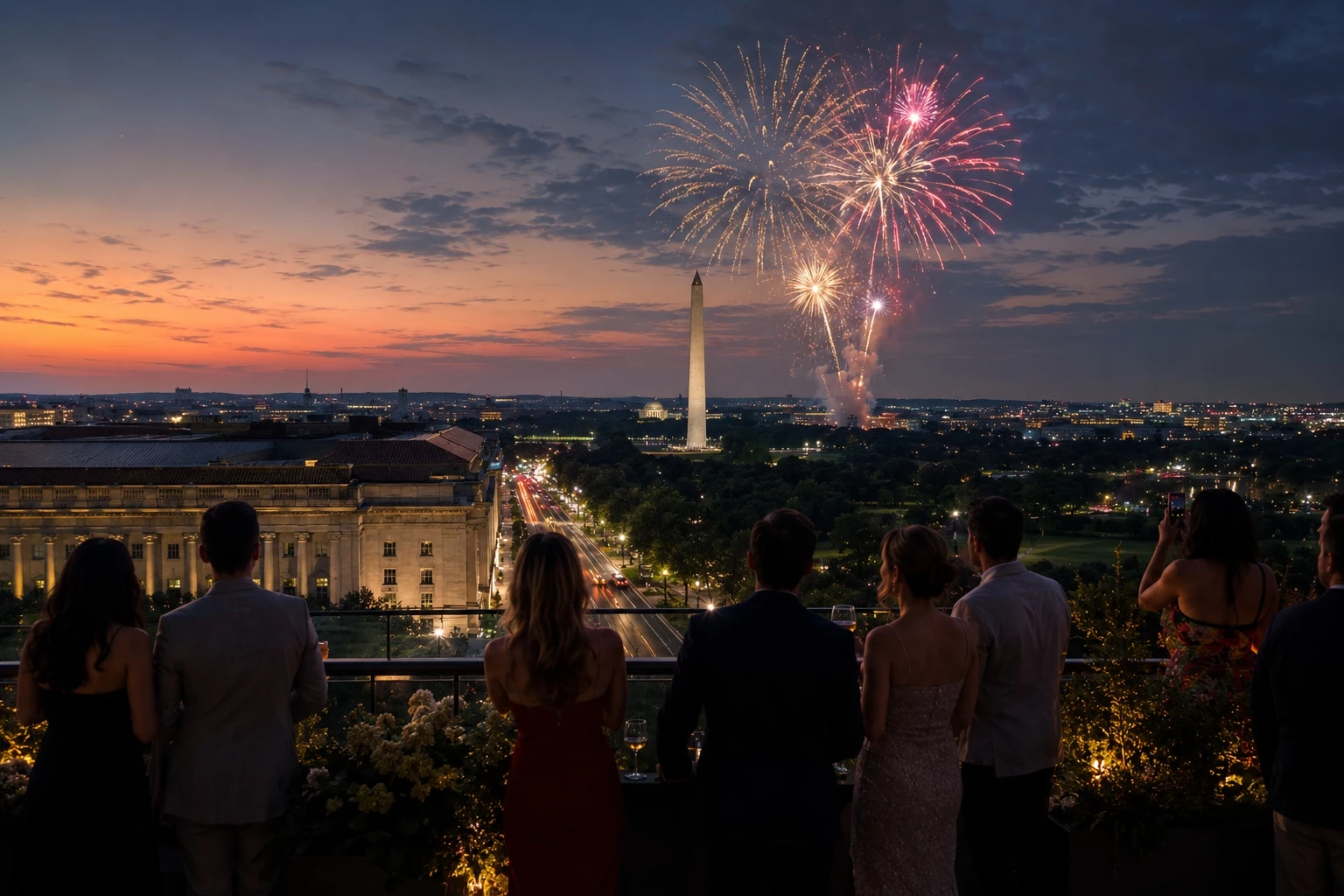 Guests watching Fourth of July fireworks over the Washington Monument and National Mall from an elevated rooftop view in Washington DC