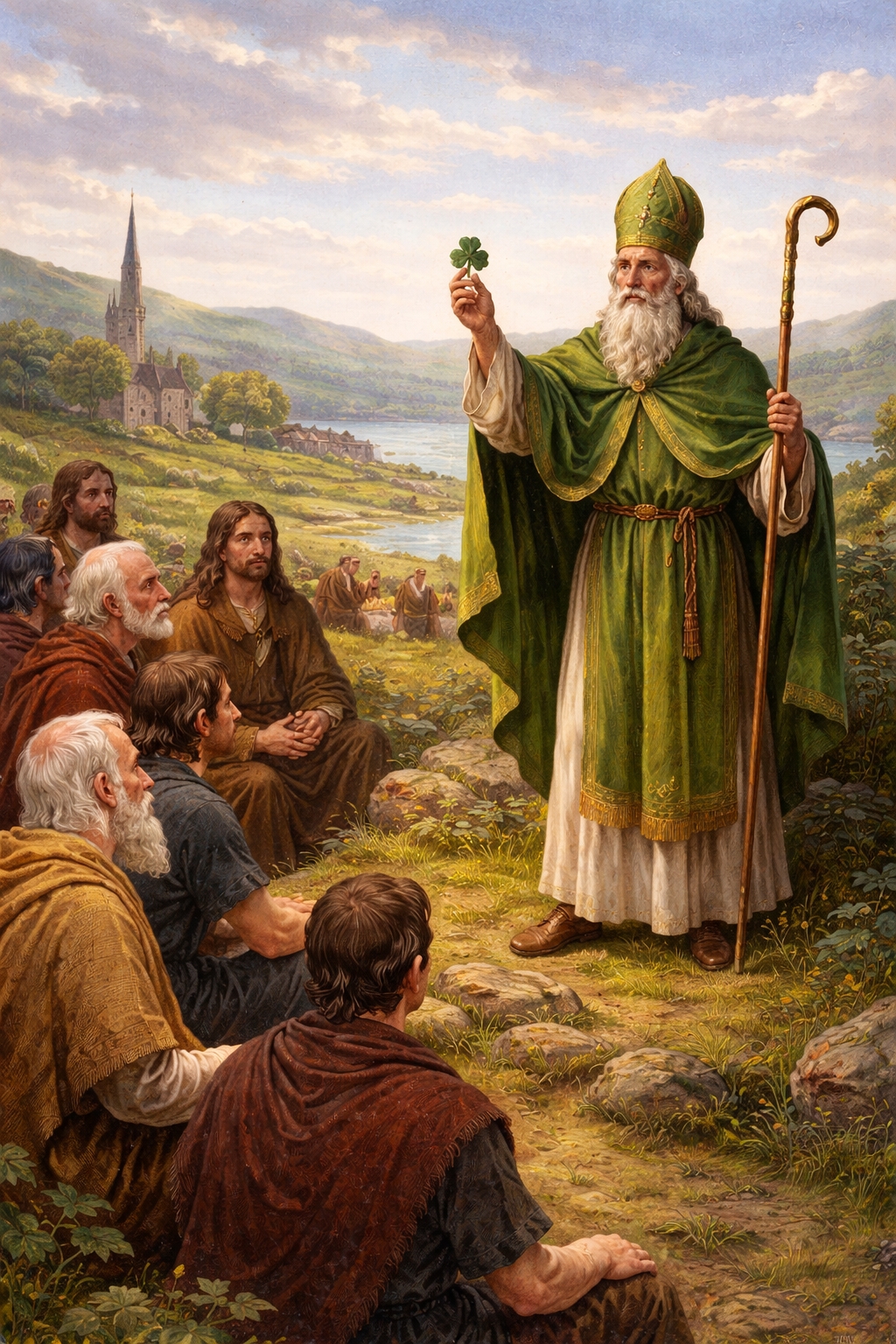 Historical illustration of Saint Patrick teaching Irish villagers using a shamrock to explain Christian teachings