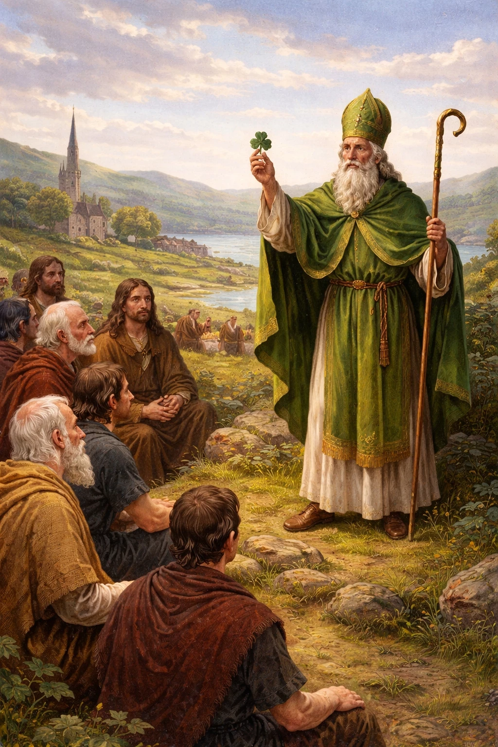 Historical illustration of Saint Patrick teaching Irish villagers using a shamrock to explain Christian teachings