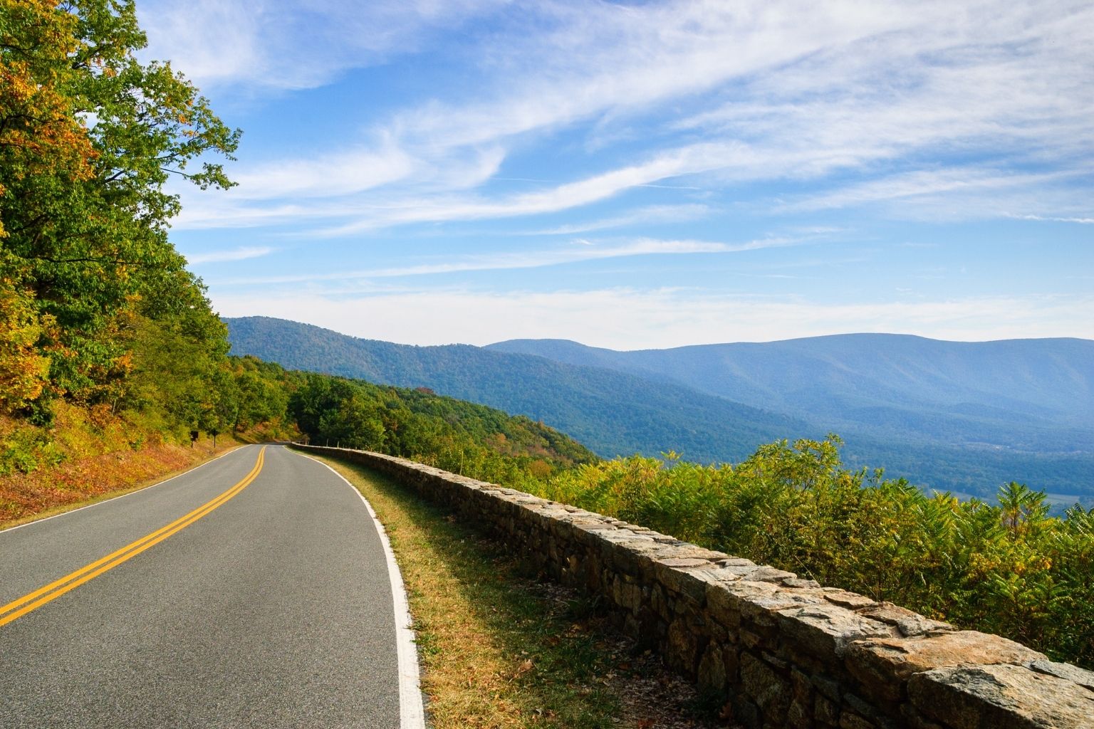 a road with a stone wall and trees