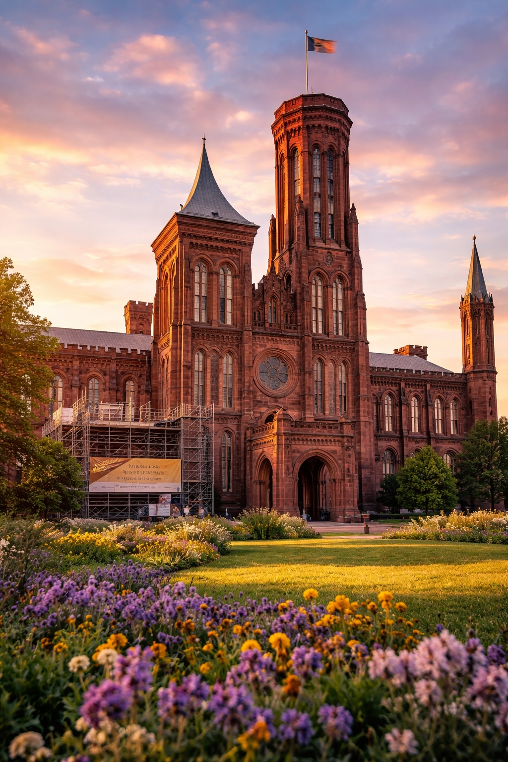 A wide-angle golden hour shot of the Smithsonian Castle with warm sunlight illuminating the red sandstone, vibrant gardens in the foreground, and subtle signs of renovation activity to convey timeliness and anticipation.