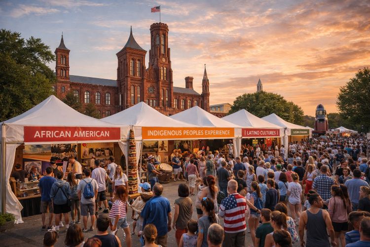 Visitors exploring Smithsonian exhibits about American history during DC250 celebrations