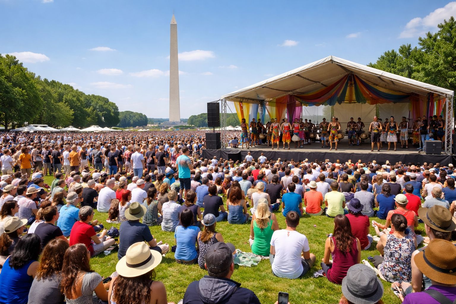 Crowds enjoying performances at the Smithsonian Folklife Festival on the National Mall in Washington DC during summer