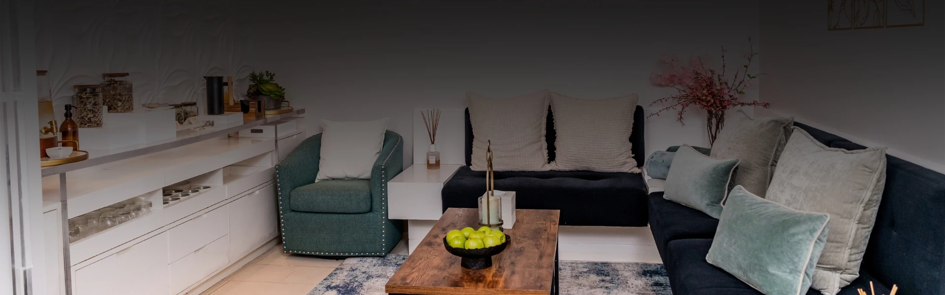 a table with apples on it in a living room