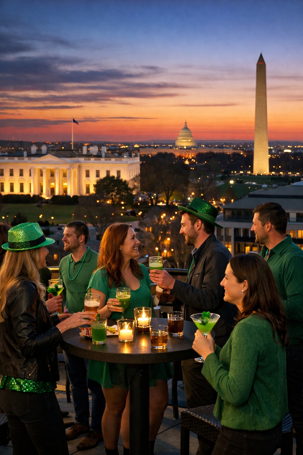 Guests celebrating St. Patrick’s Day at a Washington DC rooftop bar near the White House with skyline views and festive green cocktails