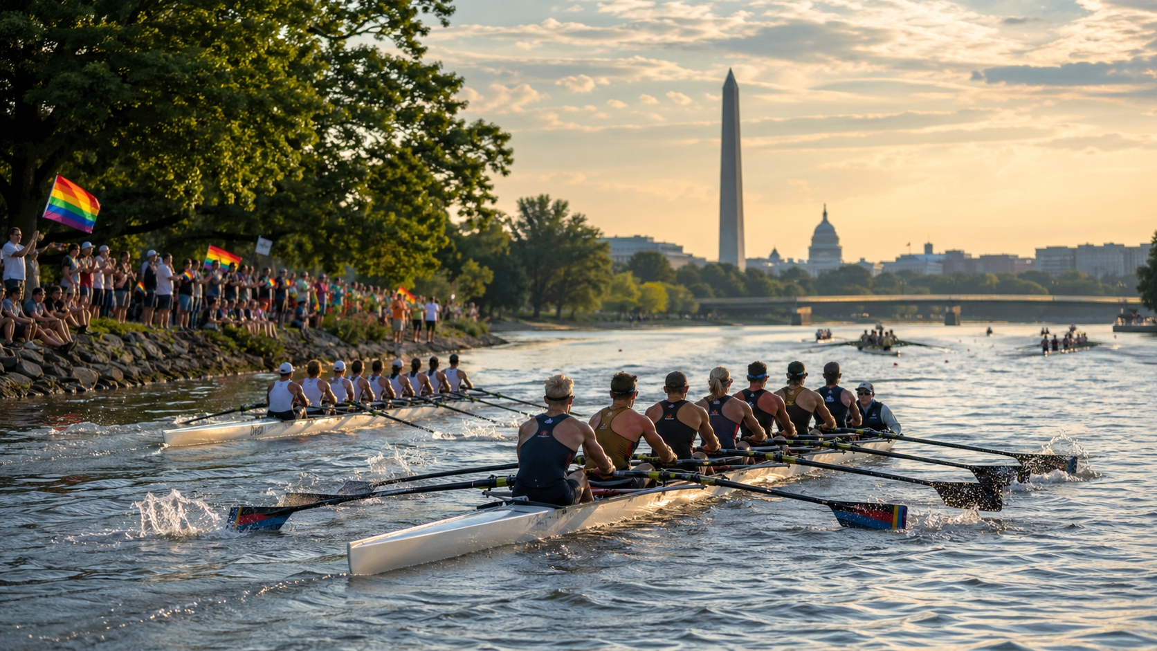 Rowing shells racing on the Anacostia River during Stonewall Regatta 2026 in Washington DC.