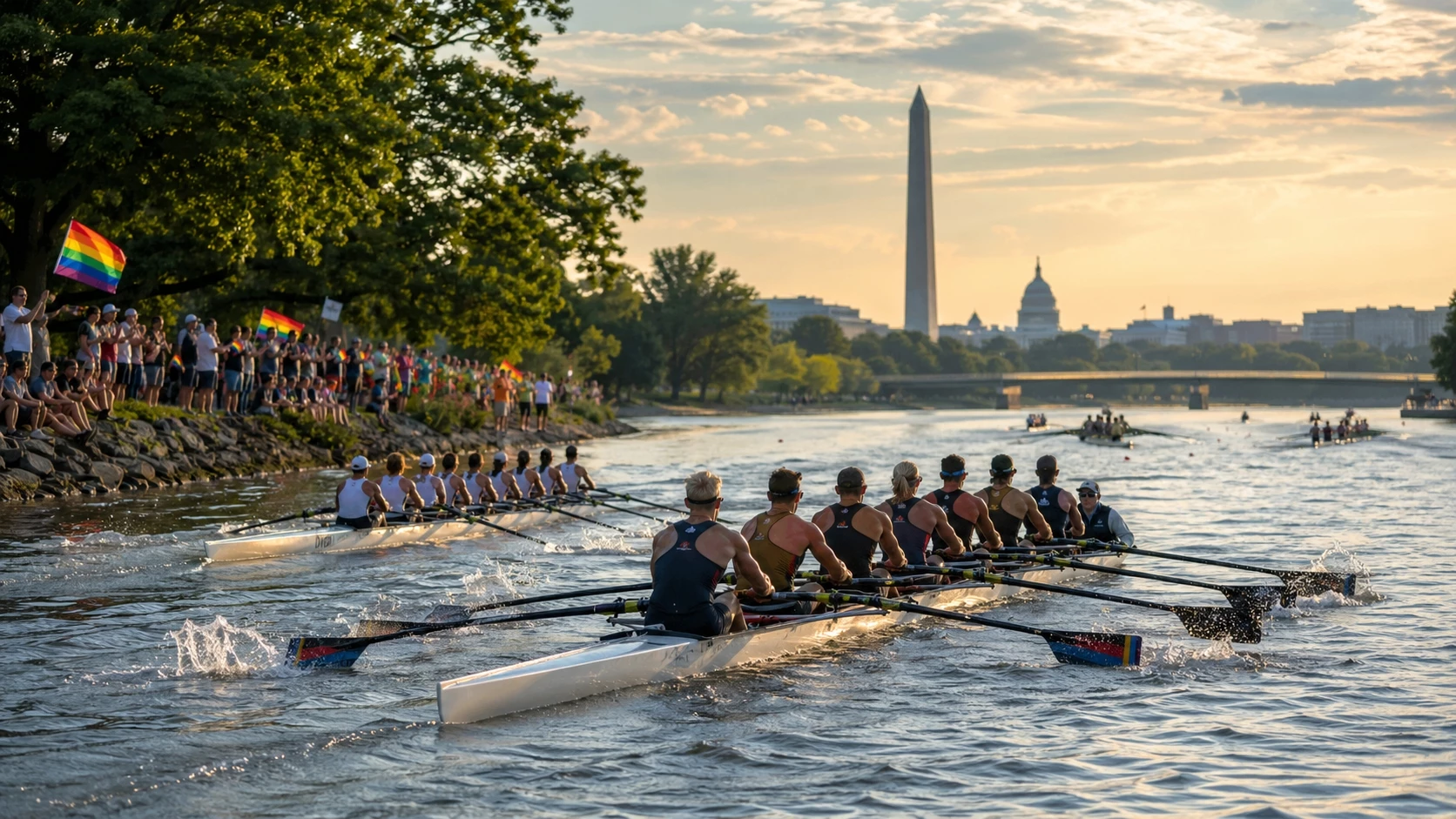 Rowing shells racing on the Anacostia River during Stonewall Regatta 2026 in Washington DC.