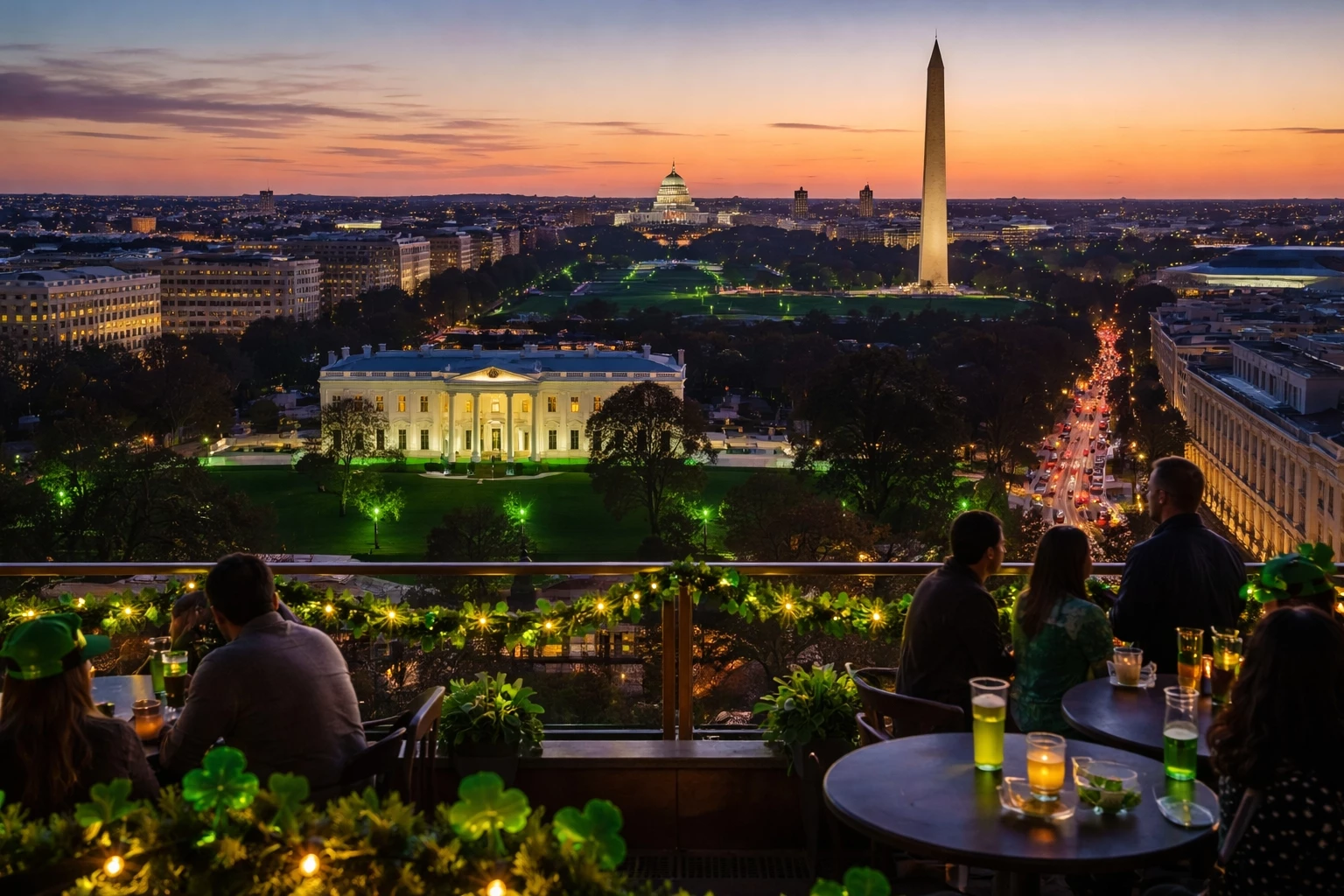 Sunset view from a rooftop bar in Washington DC looking over the White House and city skyline with green lights and St. Patrick’s Day decorations.
