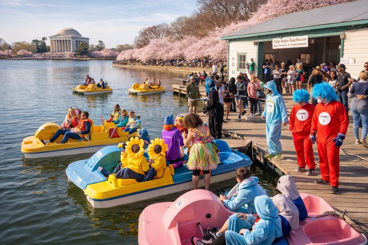 Teams preparing pedal boats for Stumpy’s Petals and Paddles Race at the Tidal Basin Boathouse in Washington DC