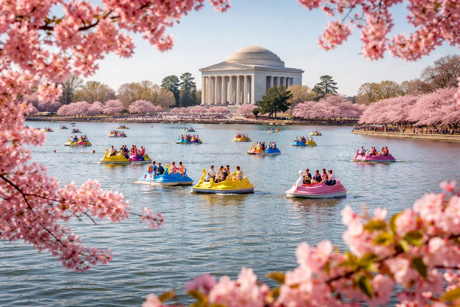 Pedal boats racing across the Tidal Basin during Stumpy’s Petals and Paddles Race in Washington DC surrounded by cherry blossoms and historic monuments