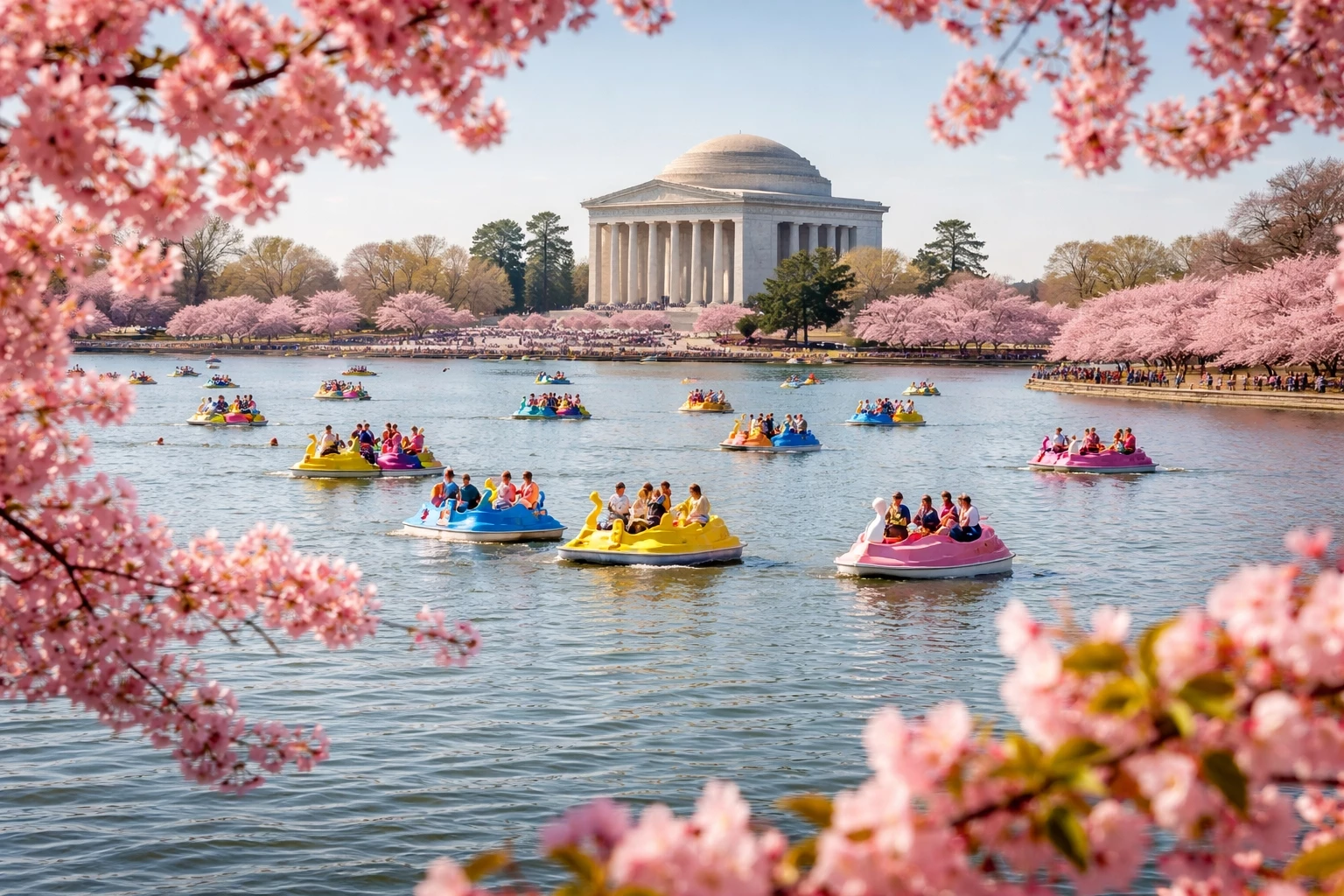 Pedal boats racing across the Tidal Basin during Stumpy’s Petals and Paddles Race in Washington DC surrounded by cherry blossoms and historic monuments