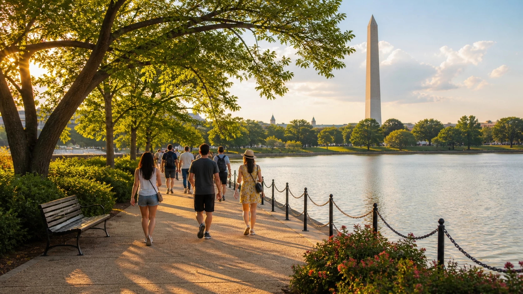 Summer in Washington DC with visitors walking near the National Mall and Washington Monument on a sunny day