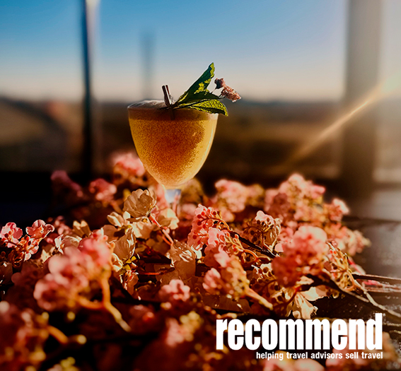a glass of yellow liquid with a leaf on top of a bunch of pink flowers