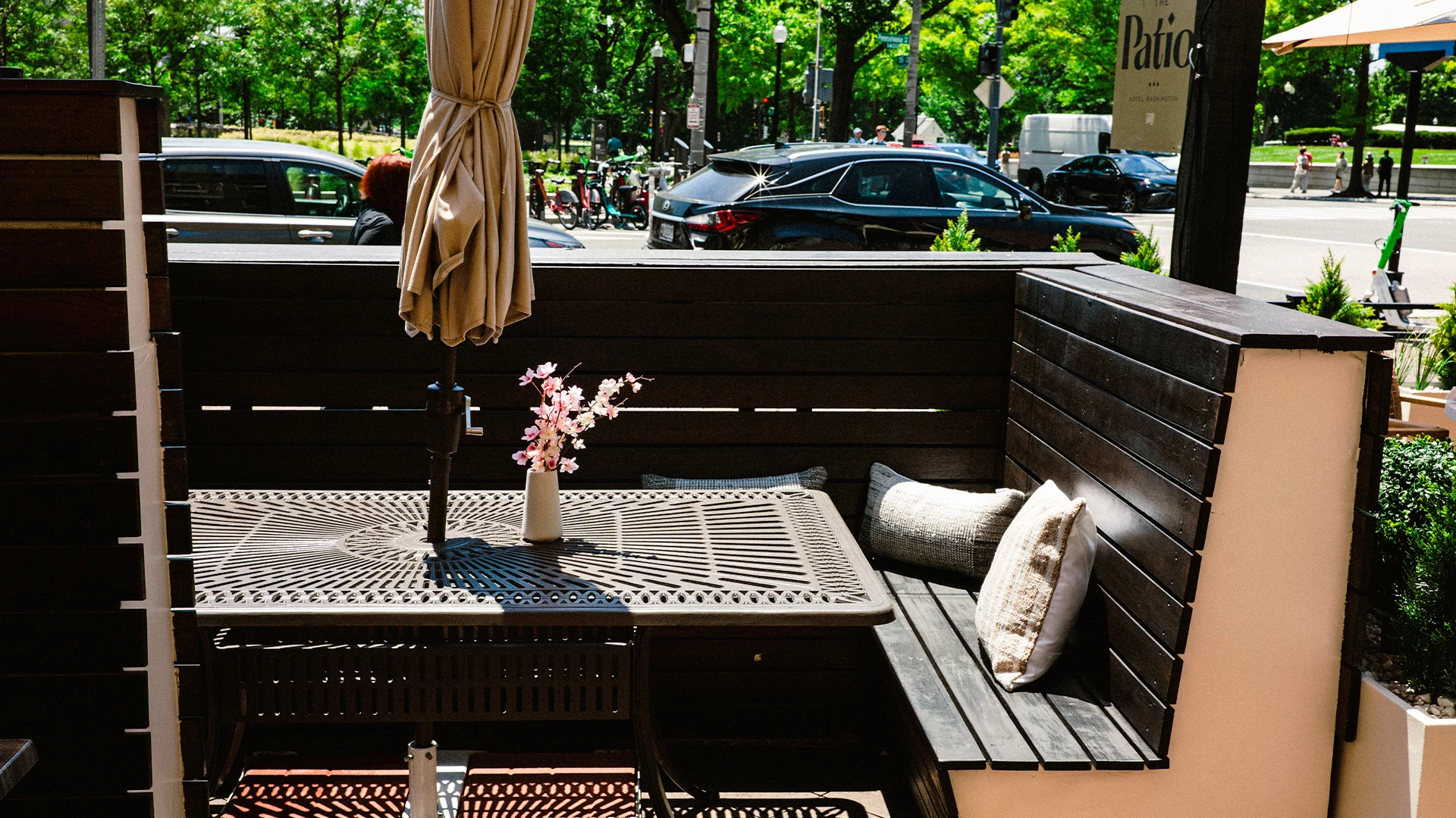 a table and chairs on a patio