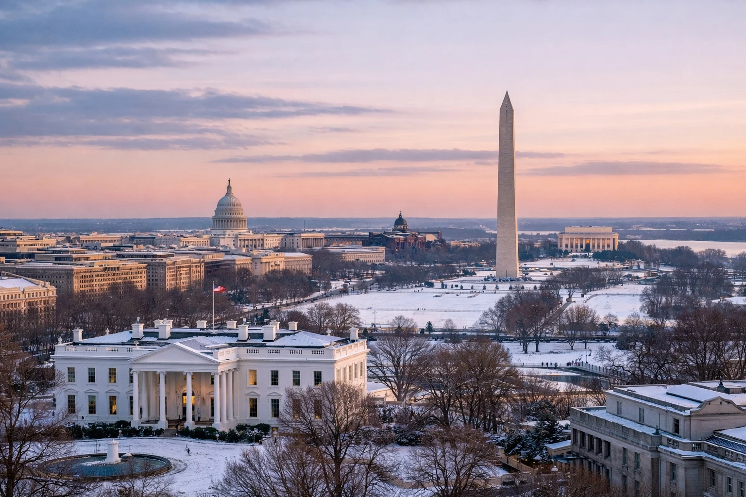 Winter view of downtown Washington DC near the White House showing February events, museums, and seasonal activities