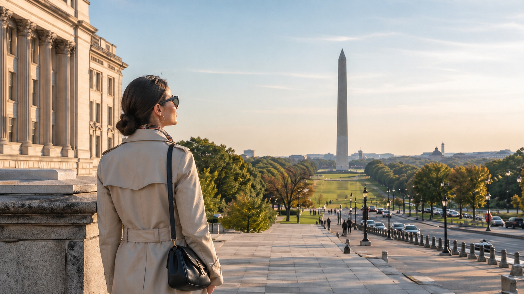European traveler walking near the National Mall in Washington DC with the Washington Monument in view during a sightseeing trip