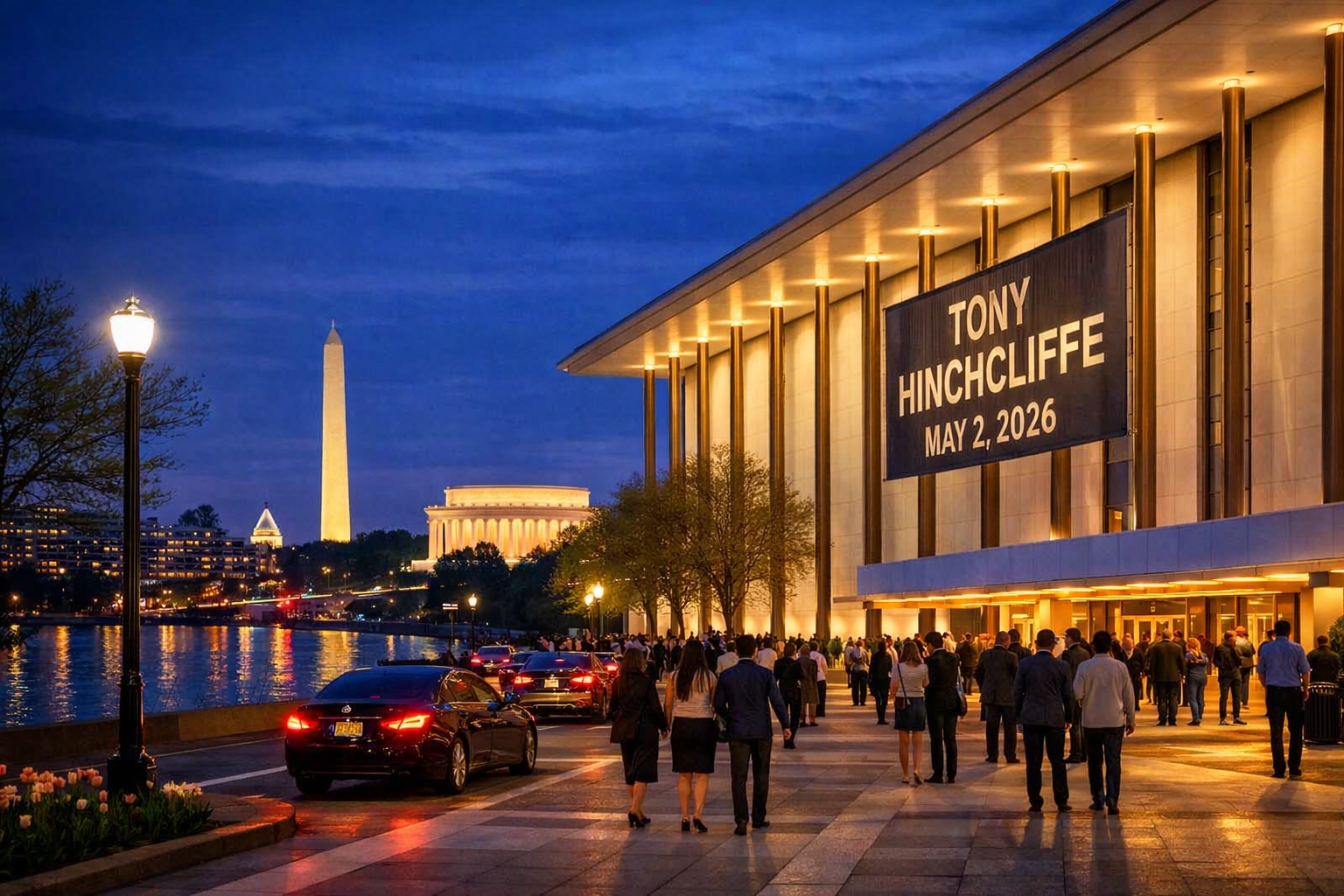 Evening scene near the Kennedy Center Concert Hall in Washington, DC for the Tony Hinchcliffe May 2, 2026 performance
