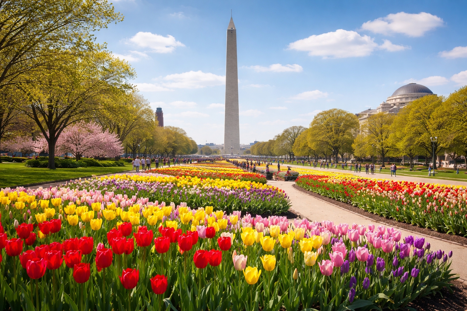 Colorful tulip flower beds blooming on the National Mall in Washington DC during spring tulip season near the Washington Monument