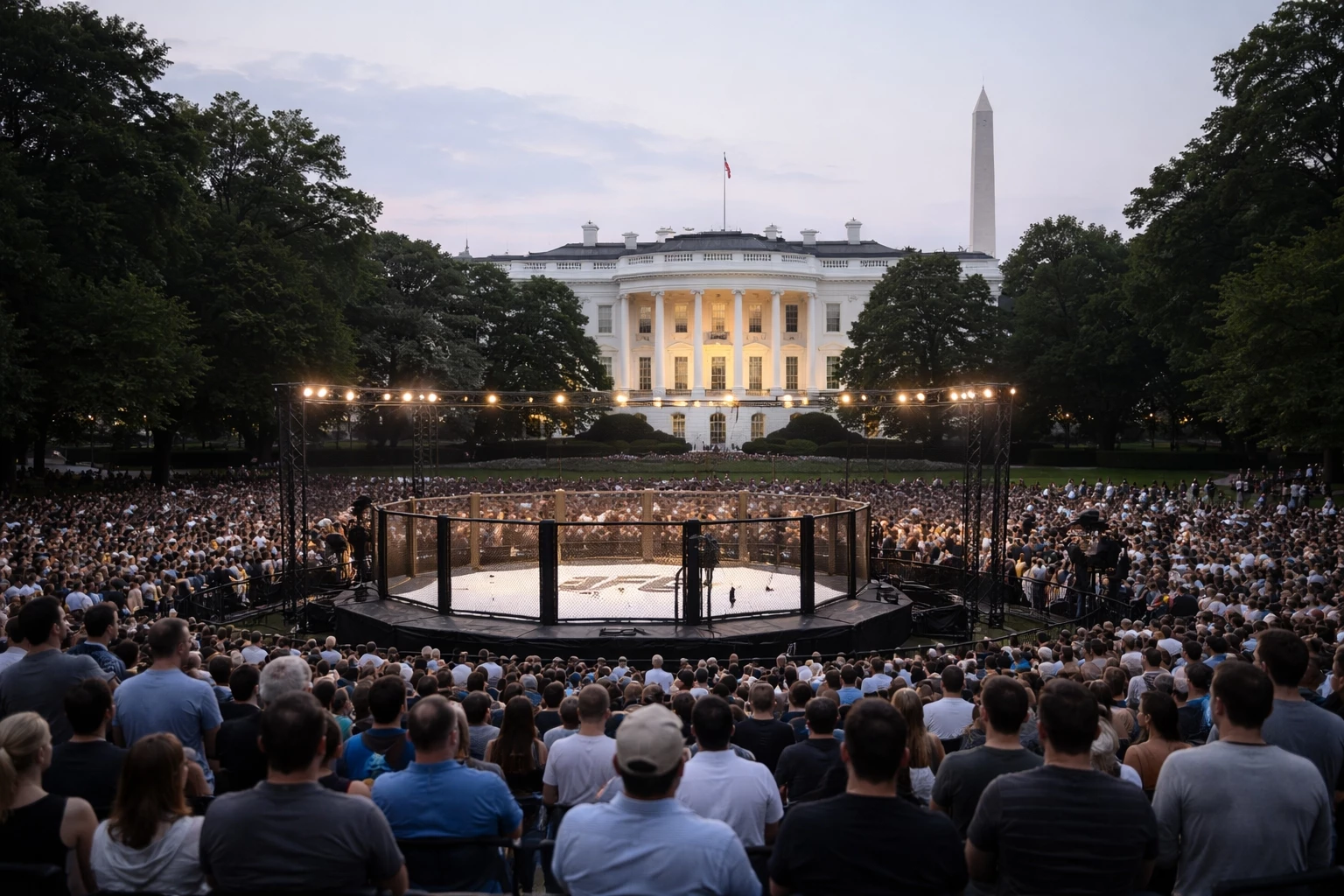 UFC octagon set up on the White House South Lawn in Washington DC for the June 14 2026 America 250 celebration event