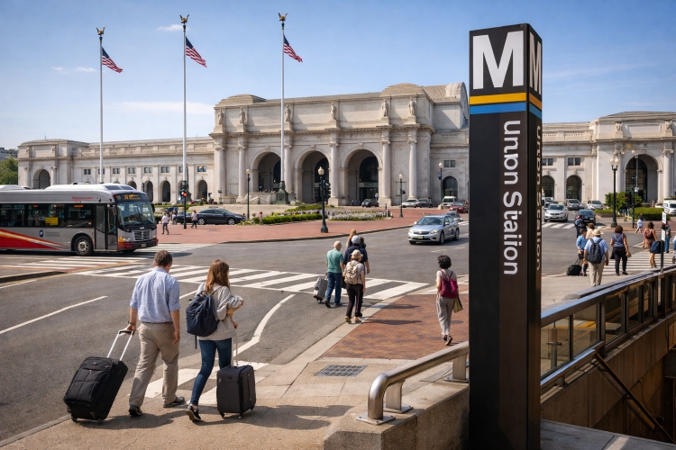 Metro entrance outside Washington Union Station with travelers and public transportation options in Washington DC