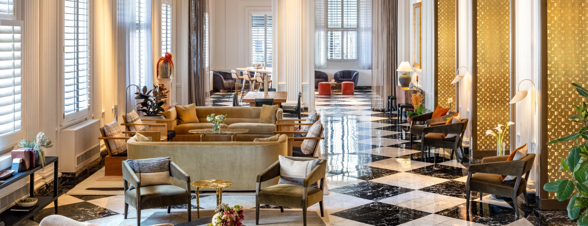 lobby with gold detailing and furniture