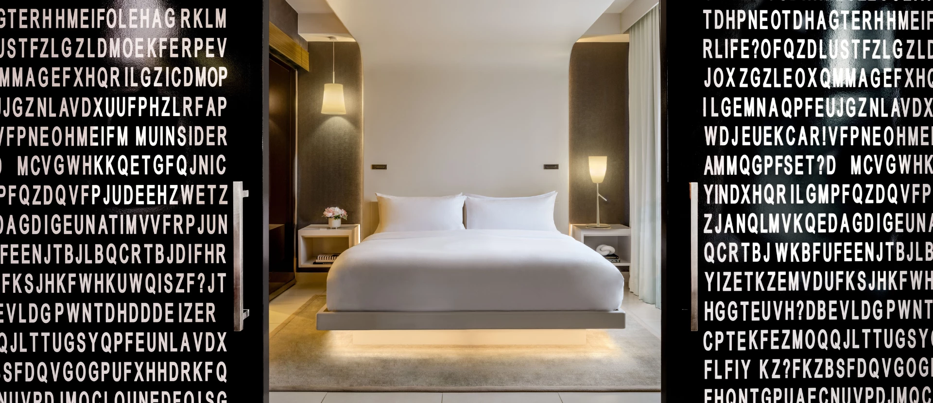 suite with doors open with writing on them