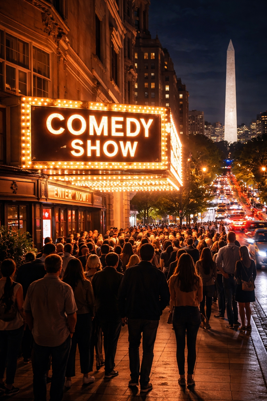 Crowds entering a Washington DC theater for a stand-up comedy show with city skyline and Washington Monument at night