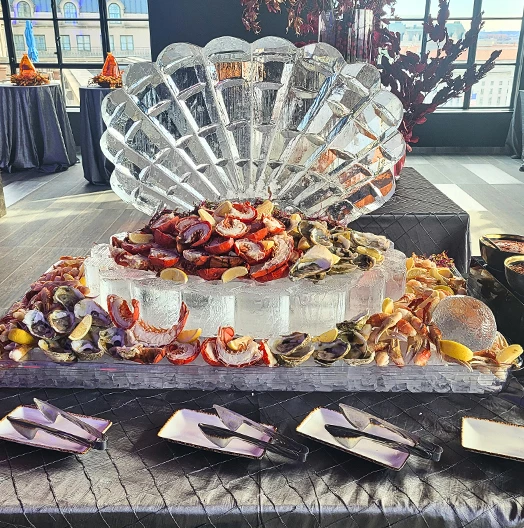 a large ice sculpture of fruit and vegetables