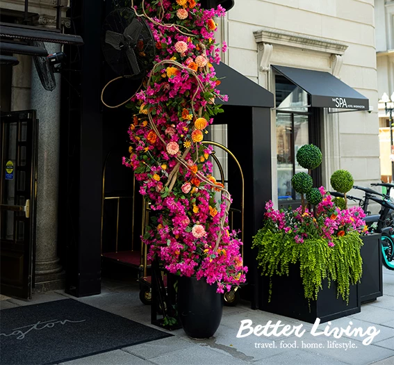 a flower arrangement outside of a building