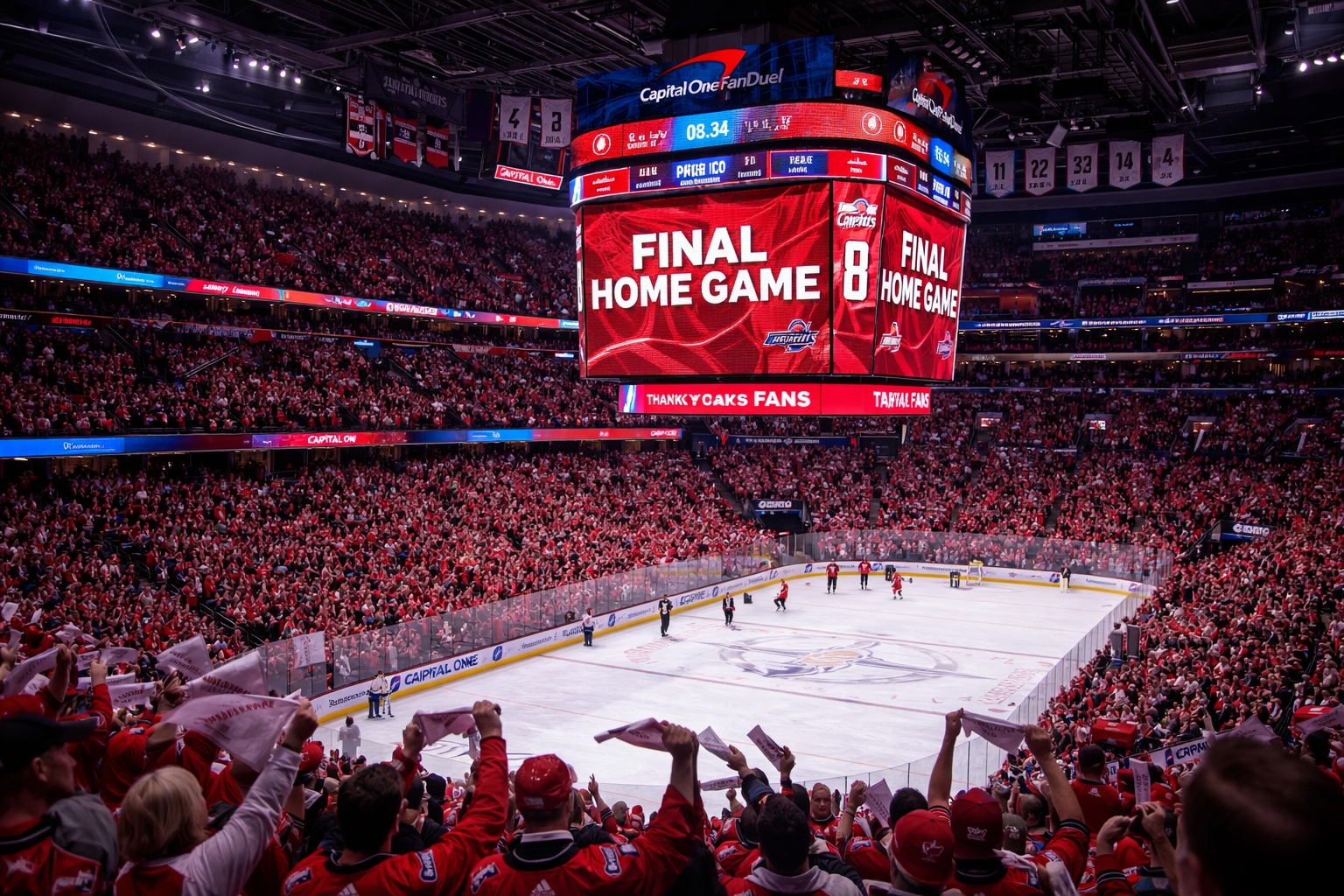 Washington Capitals fans in red jerseys cheering inside Capital One Arena during a high-energy NHL game
