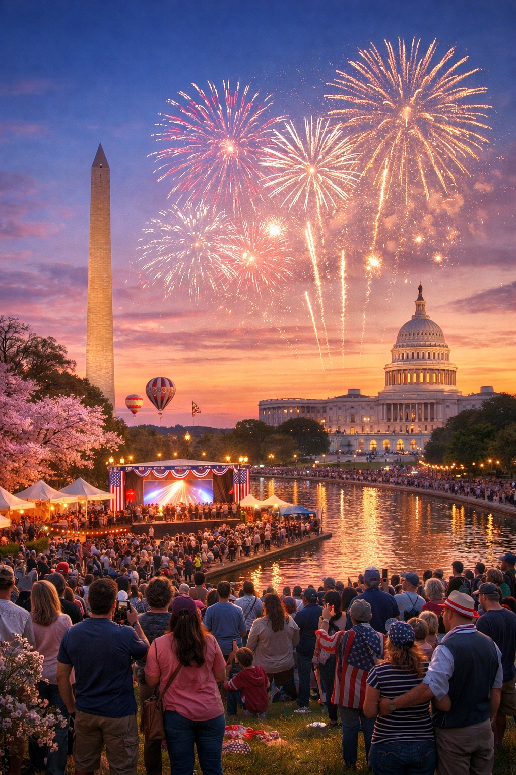 Crowds celebrating America’s 250th anniversary on the National Mall in Washington DC with fireworks above the Washington Monument and U.S. Capitol at sunset