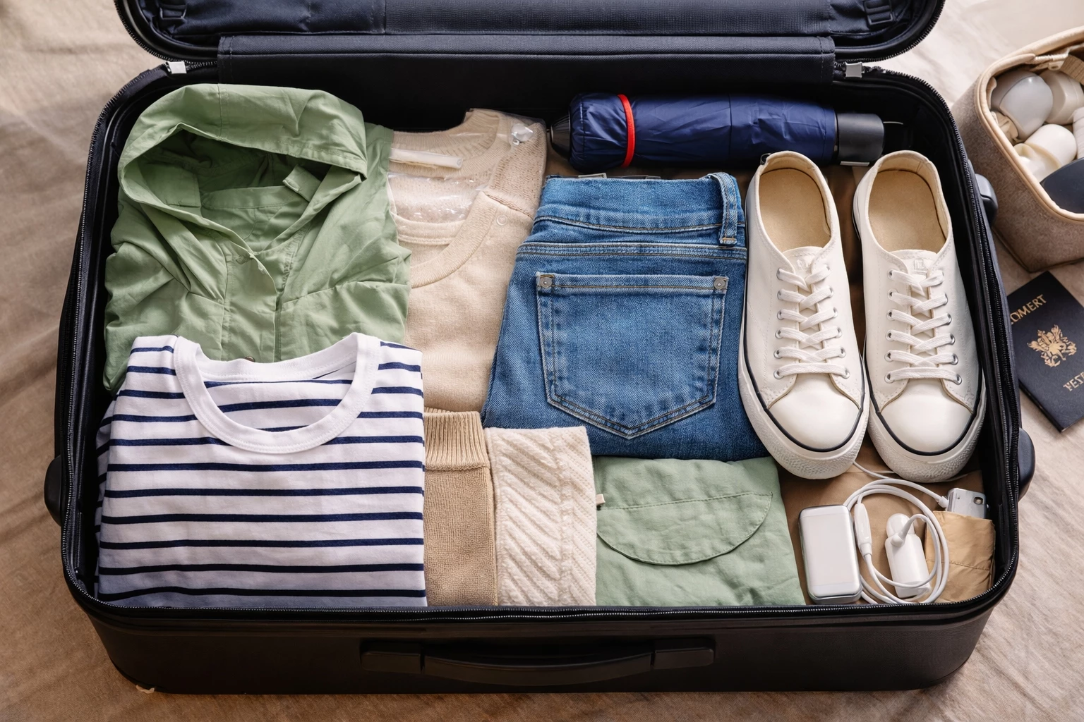 packing list for washington dc in april showing layered clothing sneakers and travel essentials in a suitcase