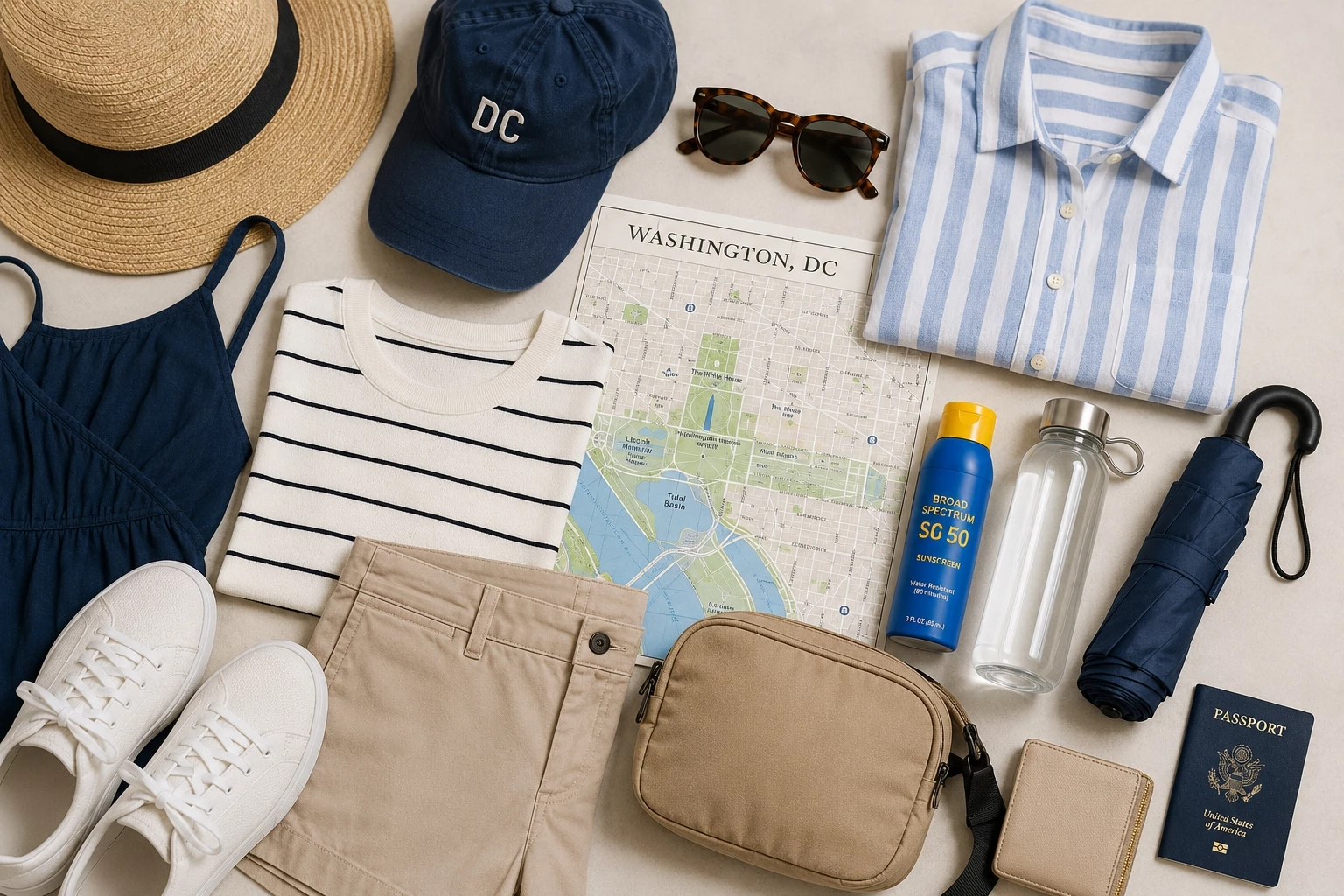 Washington DC August packing list with breathable clothing, walking shoes, sunscreen, umbrella, water bottle, and day bag for summer sightseeing