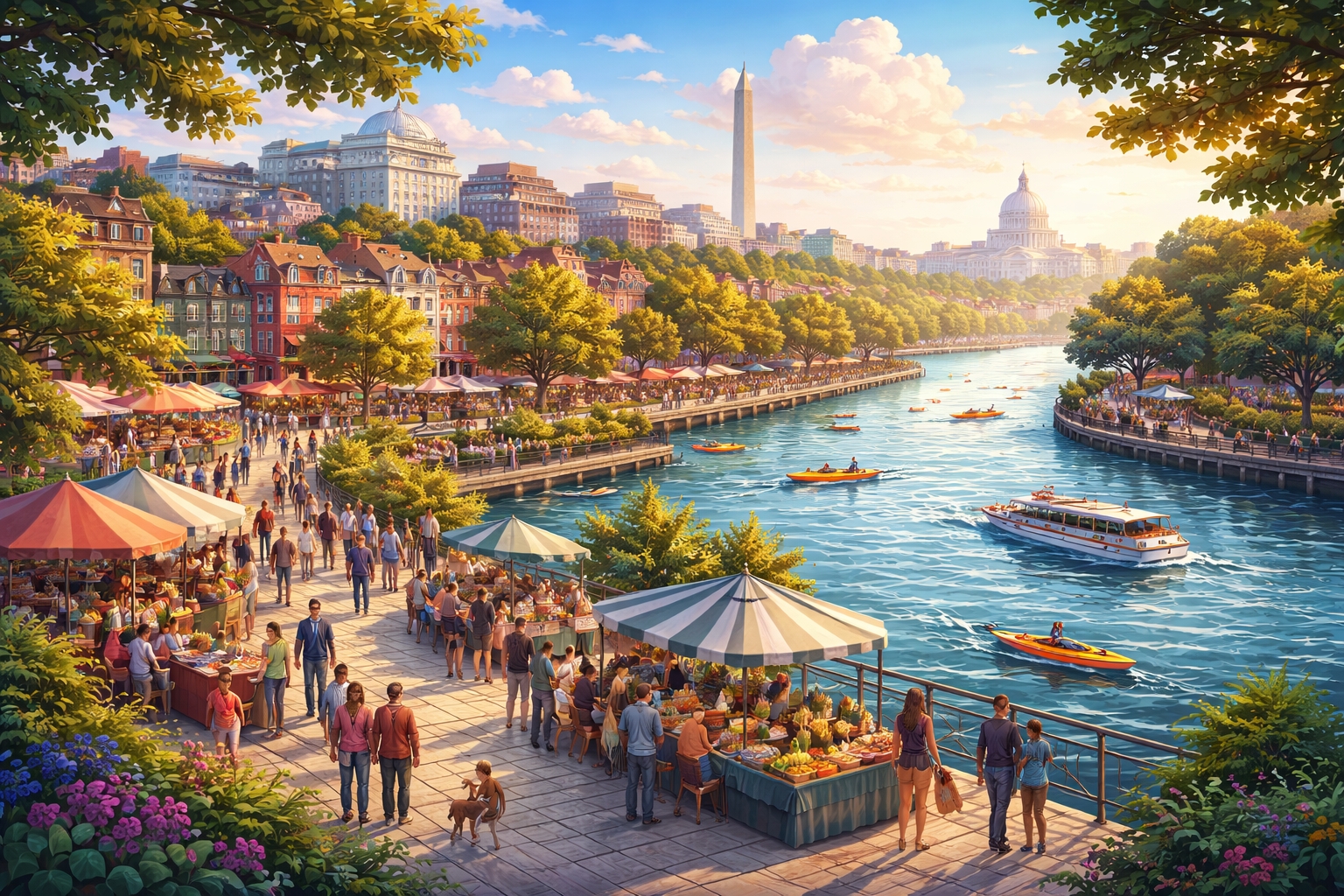 a river with people and boats on it