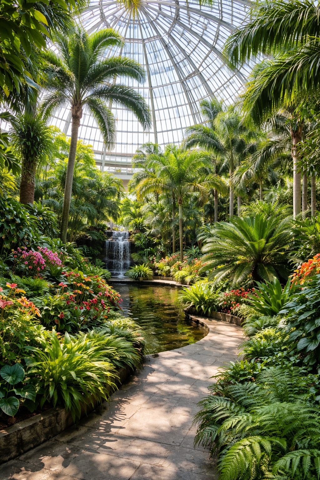 Interior of the United States Botanic Garden conservatory in Washington DC featuring tropical plants, palm trees, and greenhouse architecture on the National Mall