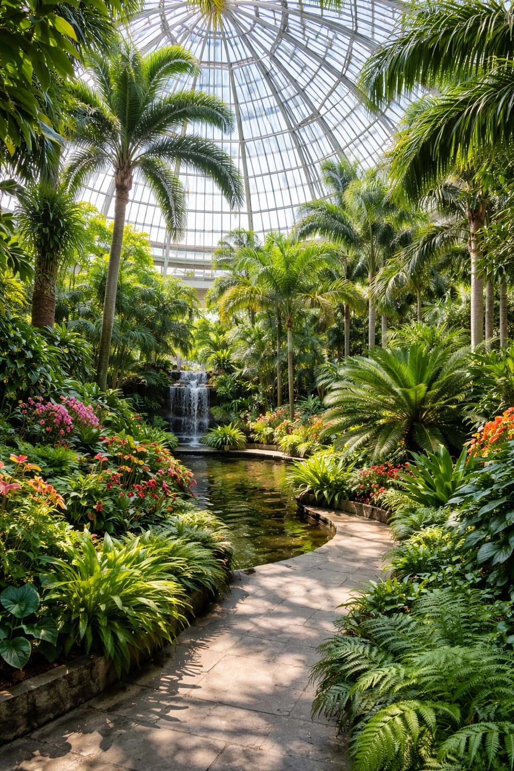 Interior of the United States Botanic Garden conservatory in Washington DC featuring tropical plants, palm trees, and greenhouse architecture on the National Mall