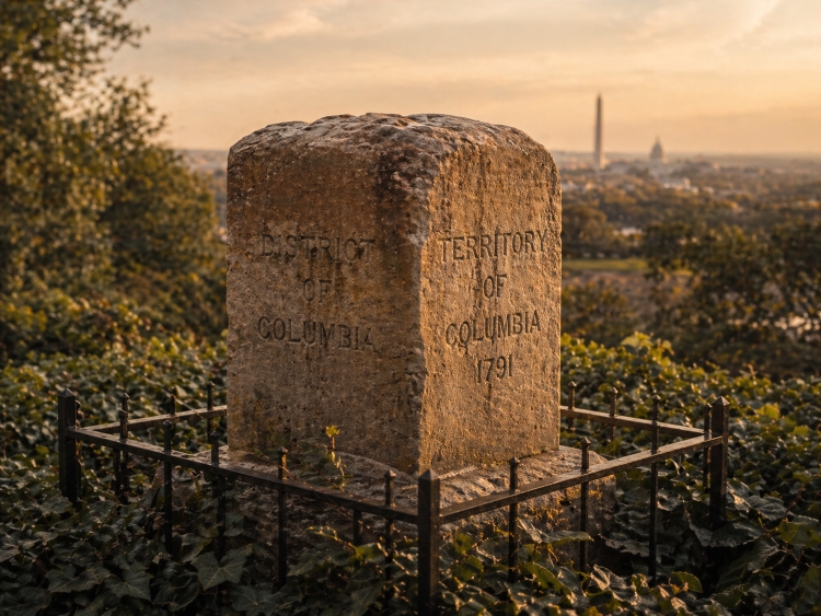 Historic Washington DC boundary stone marking land ceded by Maryland and Virginia near the Potomac River