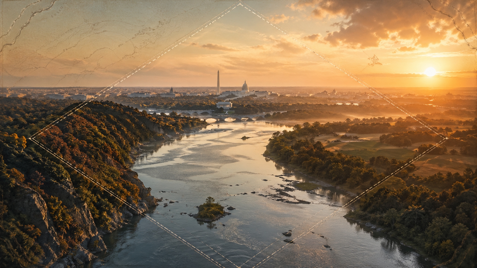 a river with trees and buildings in the background