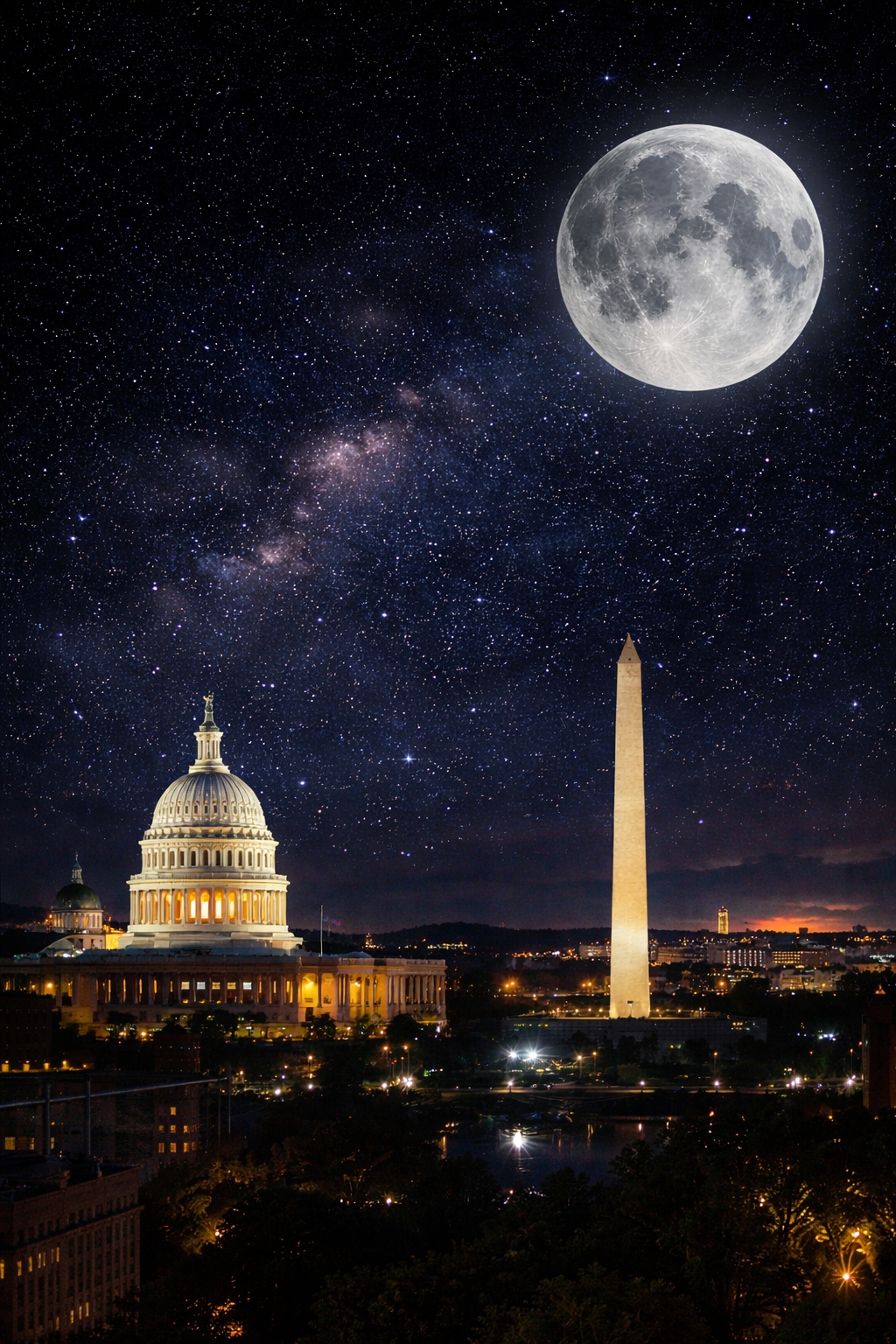 Washington DC skyline at night with the U.S. Capitol and Moon, symbolizing America’s space exploration legacy and Artemis II mission