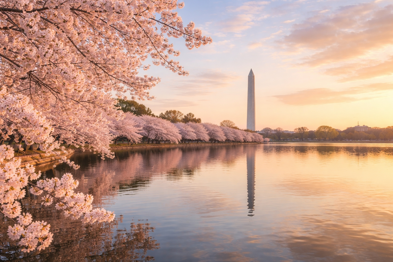 Cherry blossoms in full bloom at the Tidal Basin in Washington DC during peak bloom, with soft sunrise light and the Washington Monument in the background