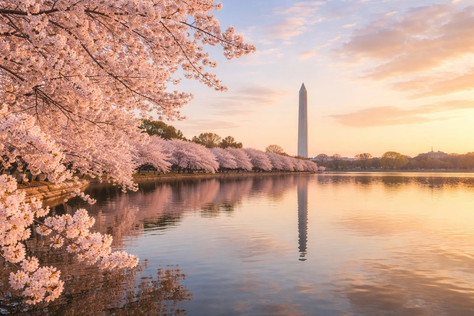 Cherry blossoms in full bloom at the Tidal Basin in Washington DC during peak bloom, with soft sunrise light and the Washington Monument in the background