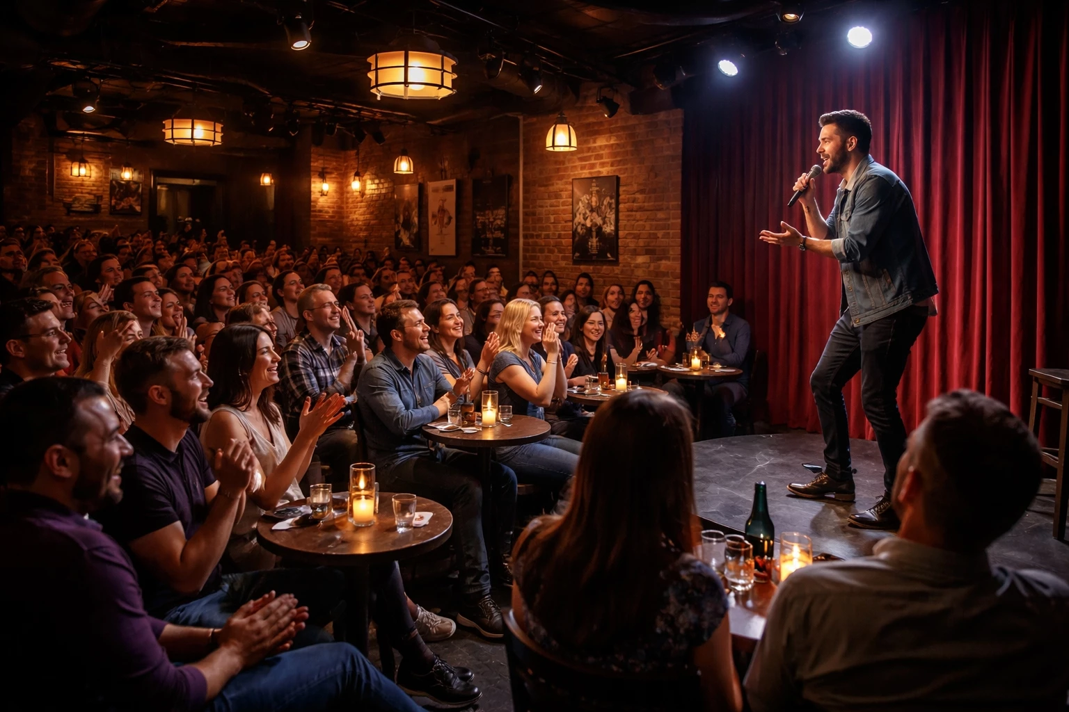 Stand-up comedy show in a Washington DC comedy club with audience laughing at live performance