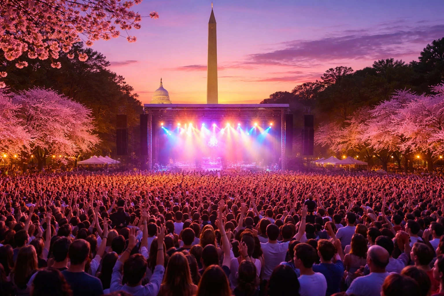 Large outdoor concert crowd in Washington DC during spring with stage lighting and Washington Monument skyline representing live music events in April 2026
